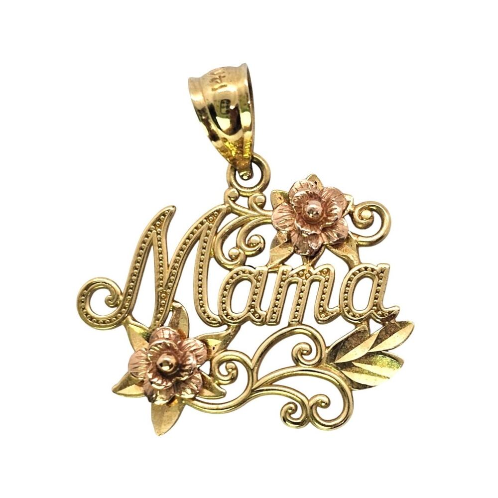 14K Two Tone Gold Mama Pendant Charm Rose Yellow Gold Flower Filigree